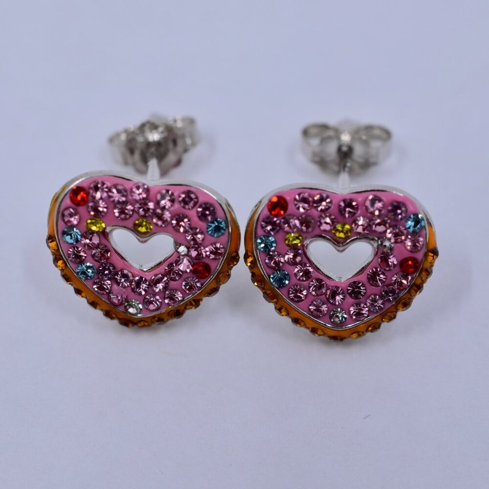 925 Sterling Silver Donut Heart Shape Studded Colored Stones Pink Stud Earrings